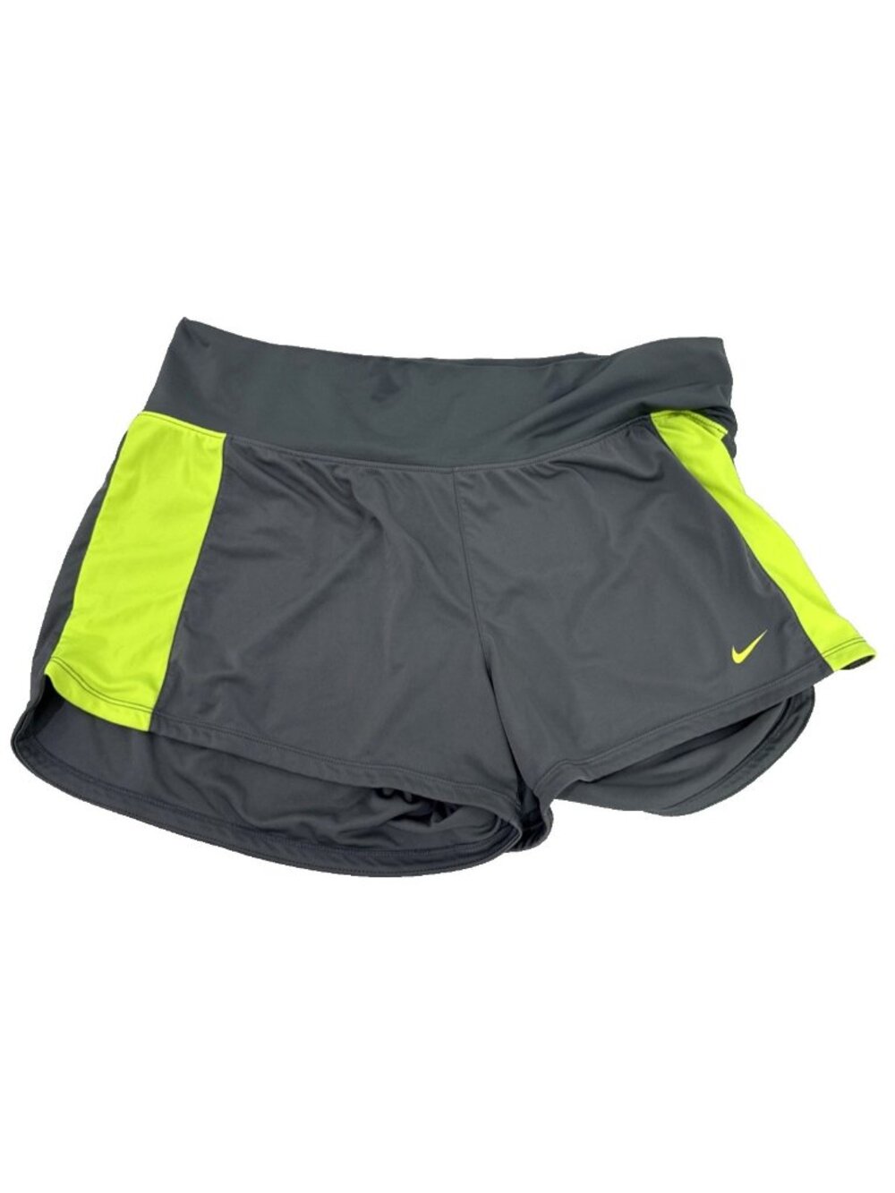 Nike Dri-Fit Gray Neon Green Comfort Waist Band Running Shorts Womens Size XL